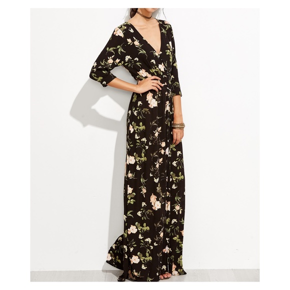 Black V Neck Button Down Floral Maxi Dress - Picture 3 of 8